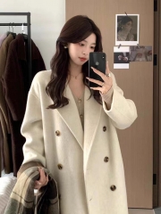 呢子大衣女中长款小个子2024新款秋冬季加厚高级感正肩羊毛呢外套 